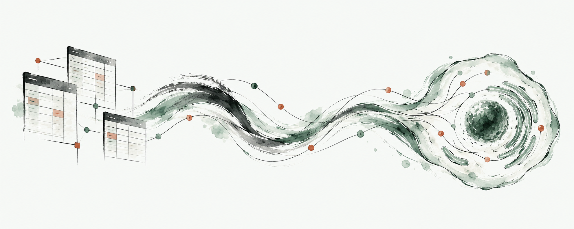 Ink-wash illustration connecting relational data, artificial intelligence, and virtual-cell modelling